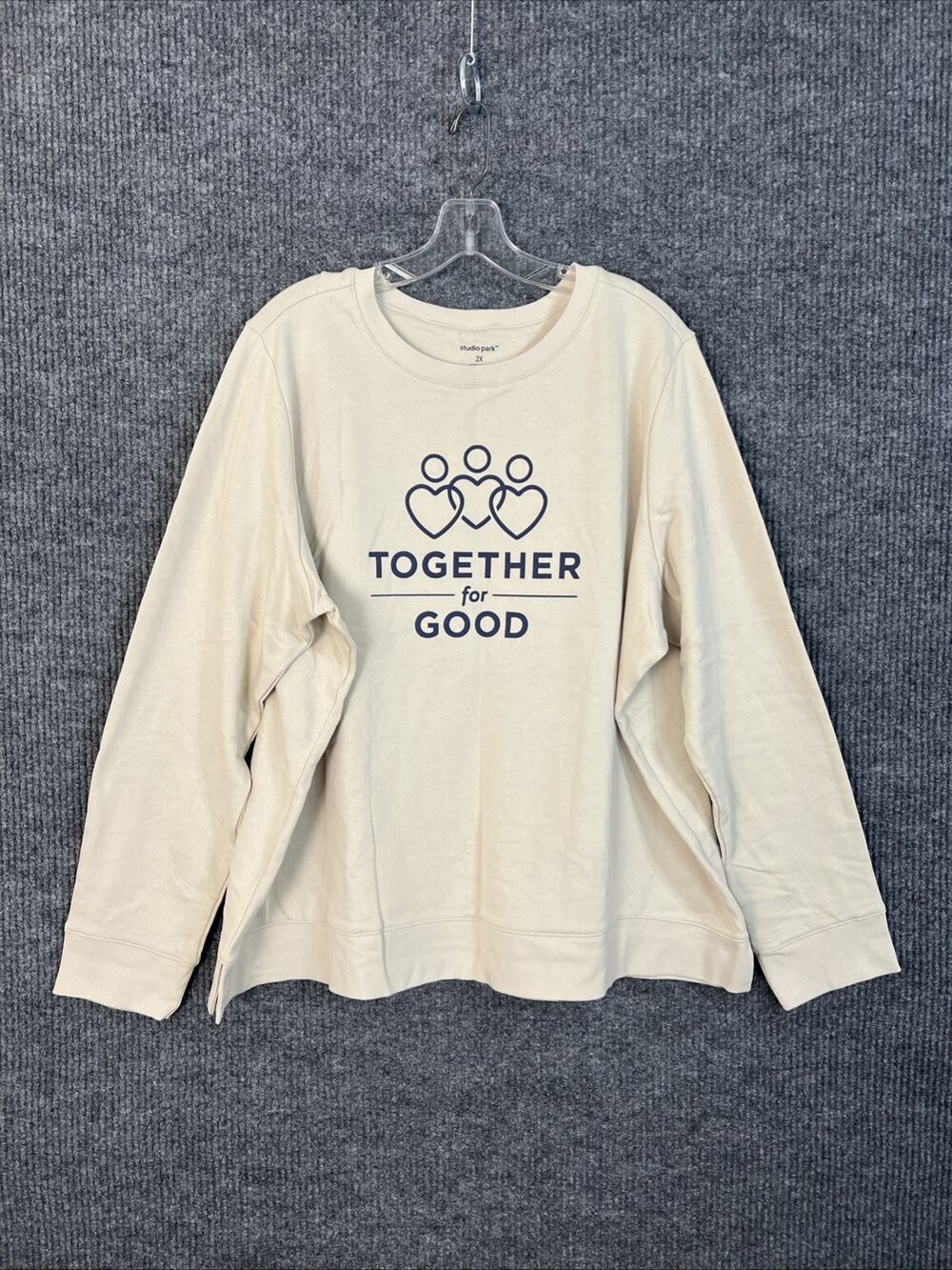 Studio Park Together For Good Womens Graphic Sweater Plus Sz 2X Beige Crew Neck